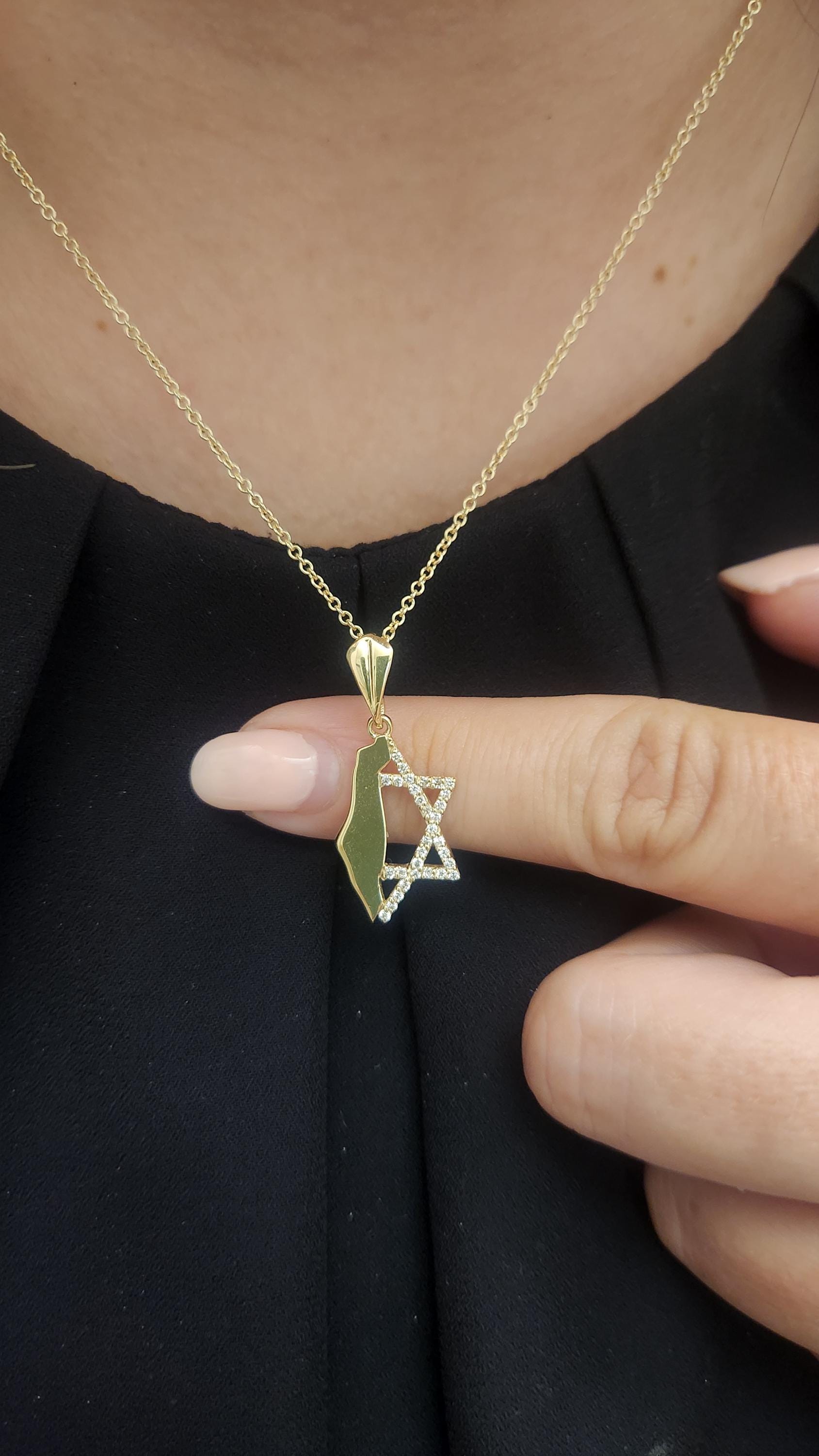 14K Gold Map Pendant with Diamond Star of David